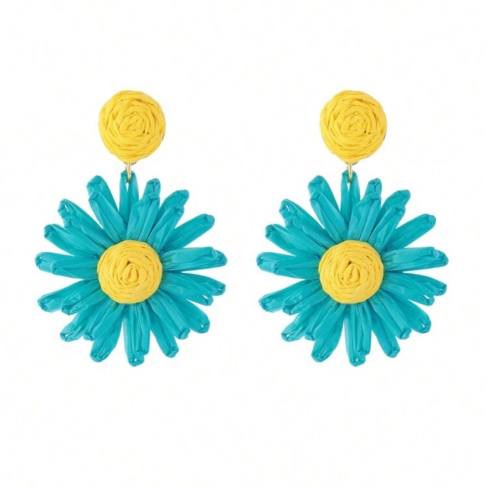 Turquoise Blue Yellow Daisy Floral Raffia Earrings Summer Beach Straw Colourful